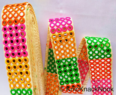 Black / Beige Fabric Mirrored Trim With Green, Orange, Yellow And Pink Embroidery With Mirrors